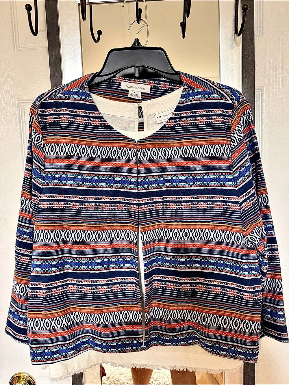 Liz Claiborne Geometric Open Front Jacket Blue & White Size Medium Like N